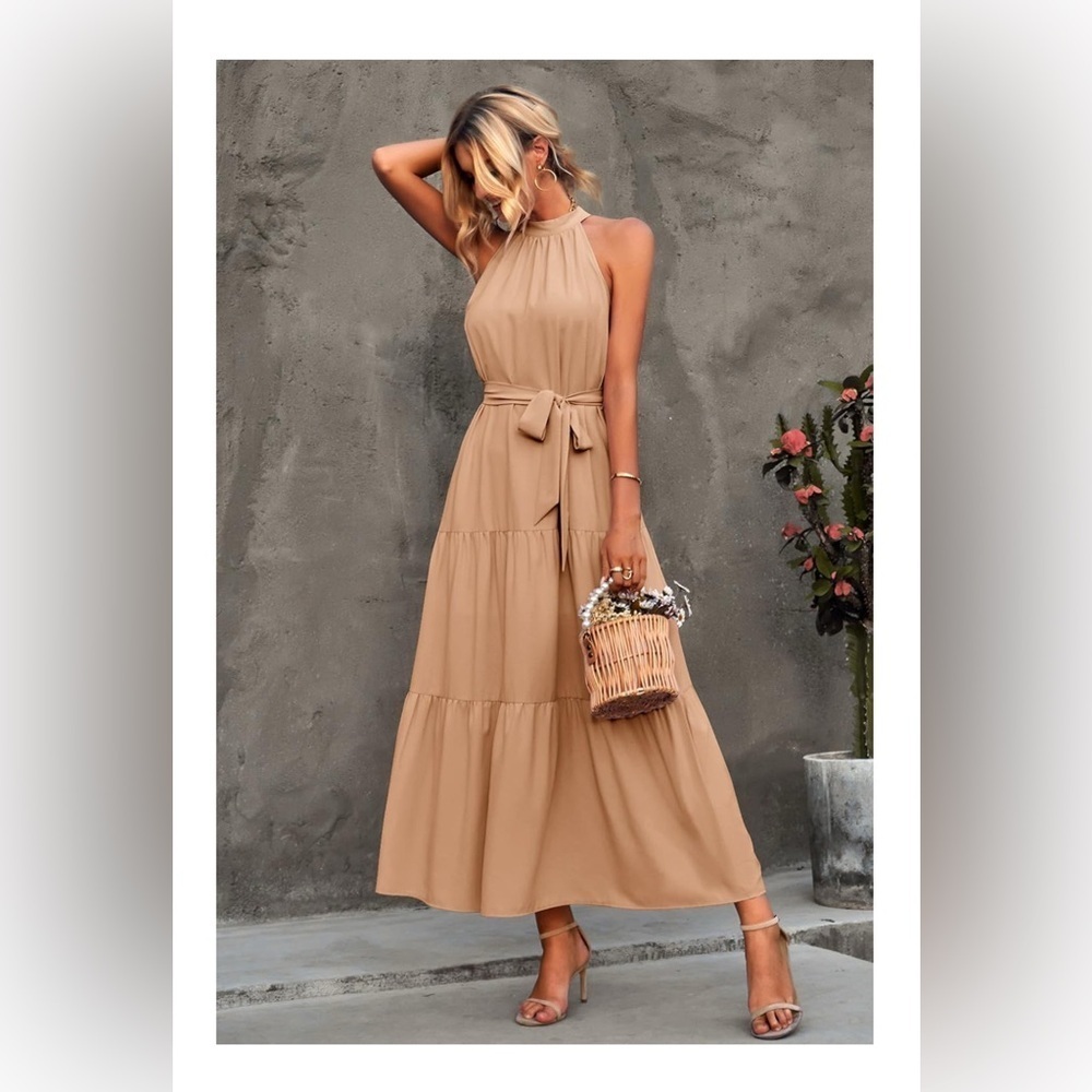NWT Maxi  Sleeveless Halter Neck Flowy Ruffle Hem Long Boho Dresses with Belt - Picture 6 of 11